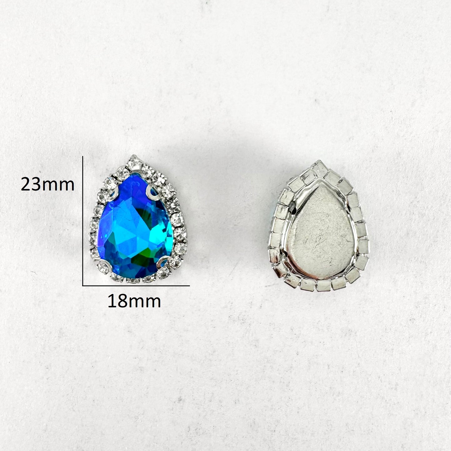 Buckle Edge Lake Blue AB Glass Teardrop - Silver Setting