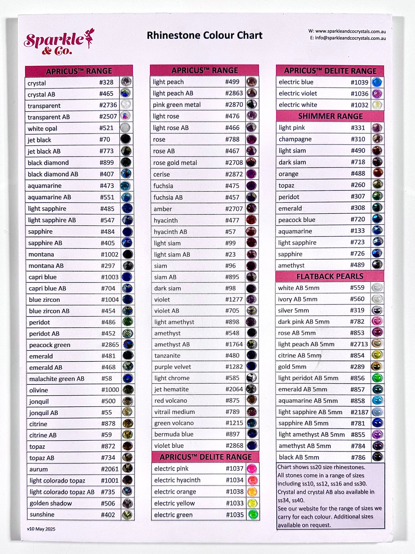 Rhinestone color chart with various colors and names on a white background