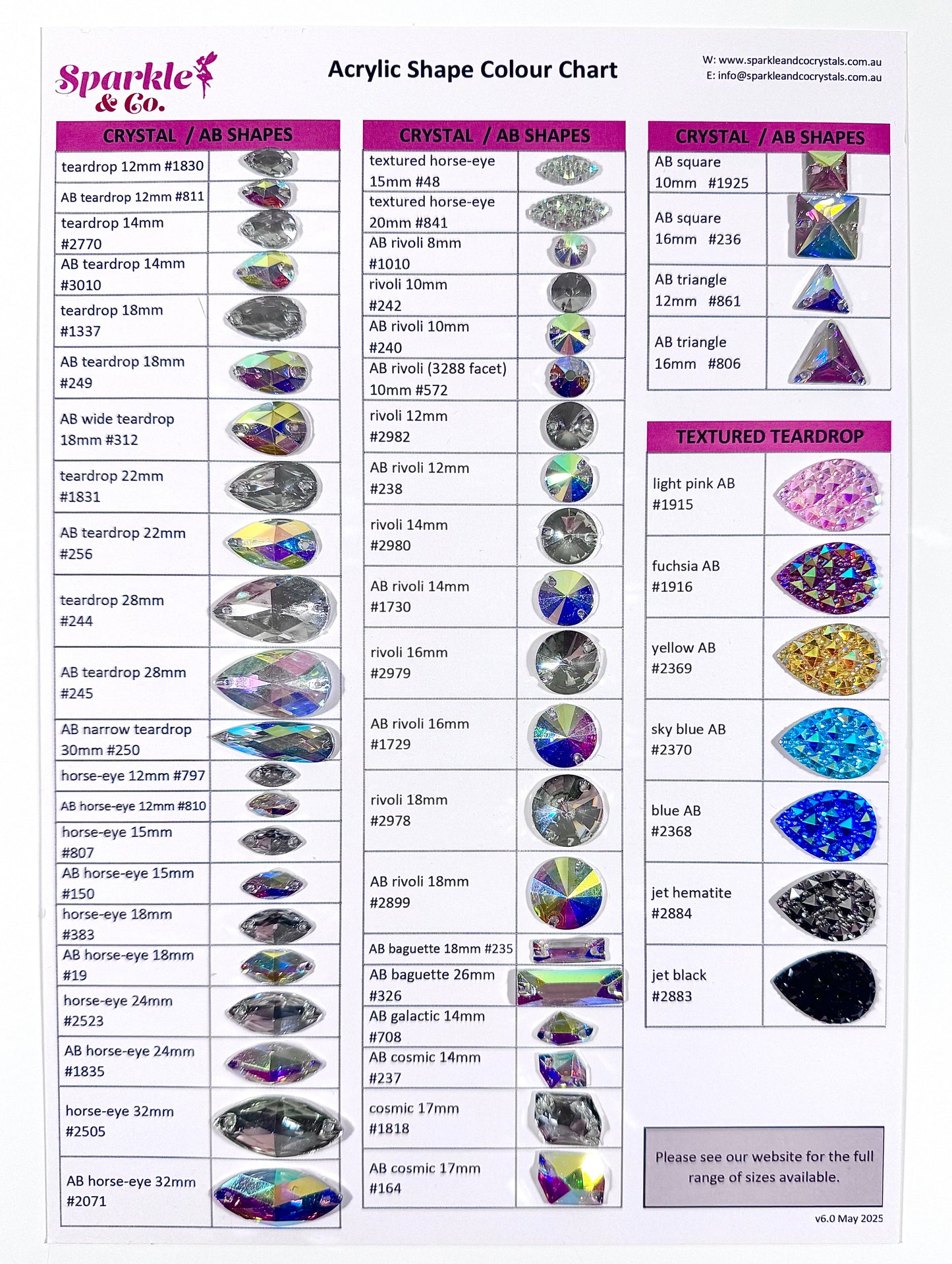 Acrylic Crystal Shapes Chart