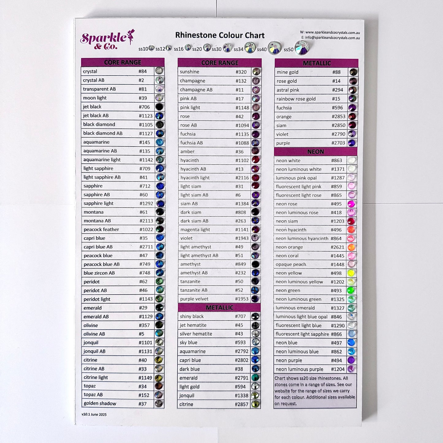 Sparkle & Co rhinestone colour chart on a white background