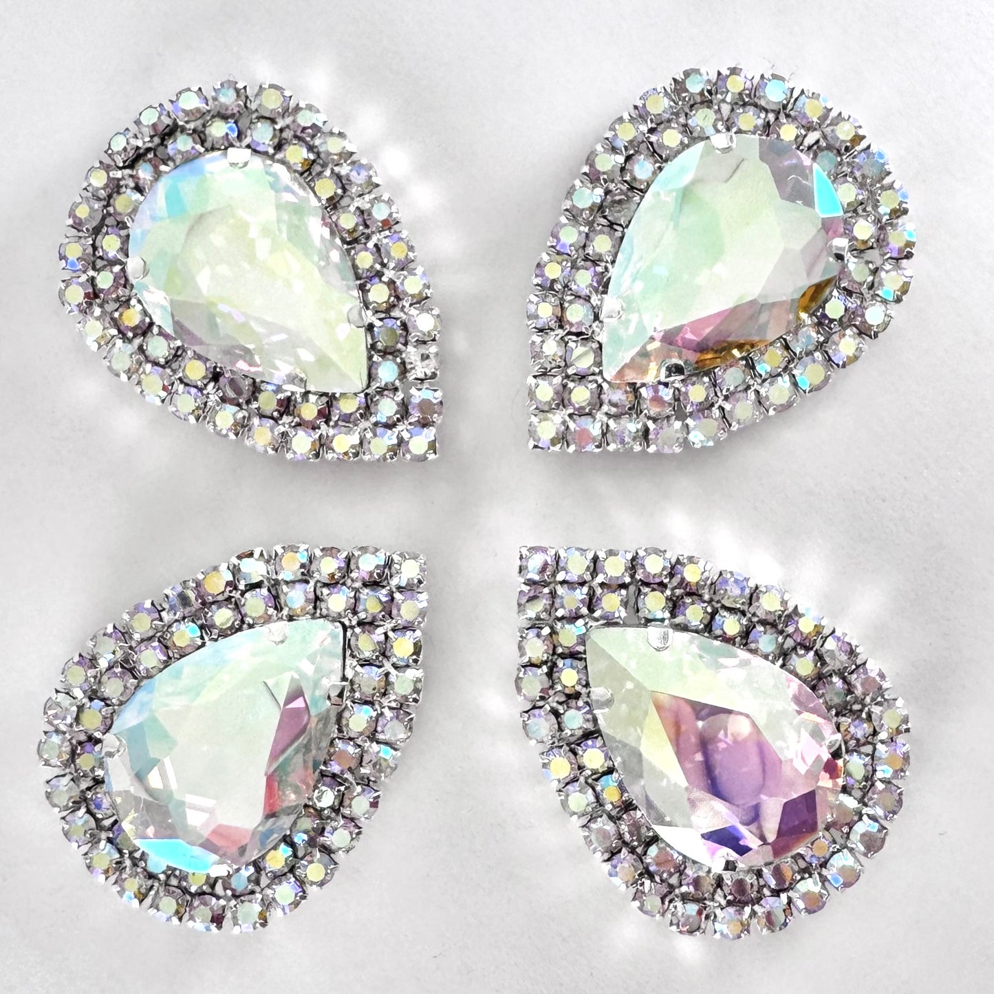 Double Buckle Edge Crystal AB Glass Large Teardrop - Silver Setting