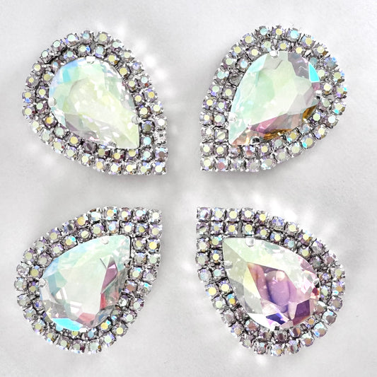 Double Buckle Edge Crystal AB Glass Large Teardrop - Silver Setting