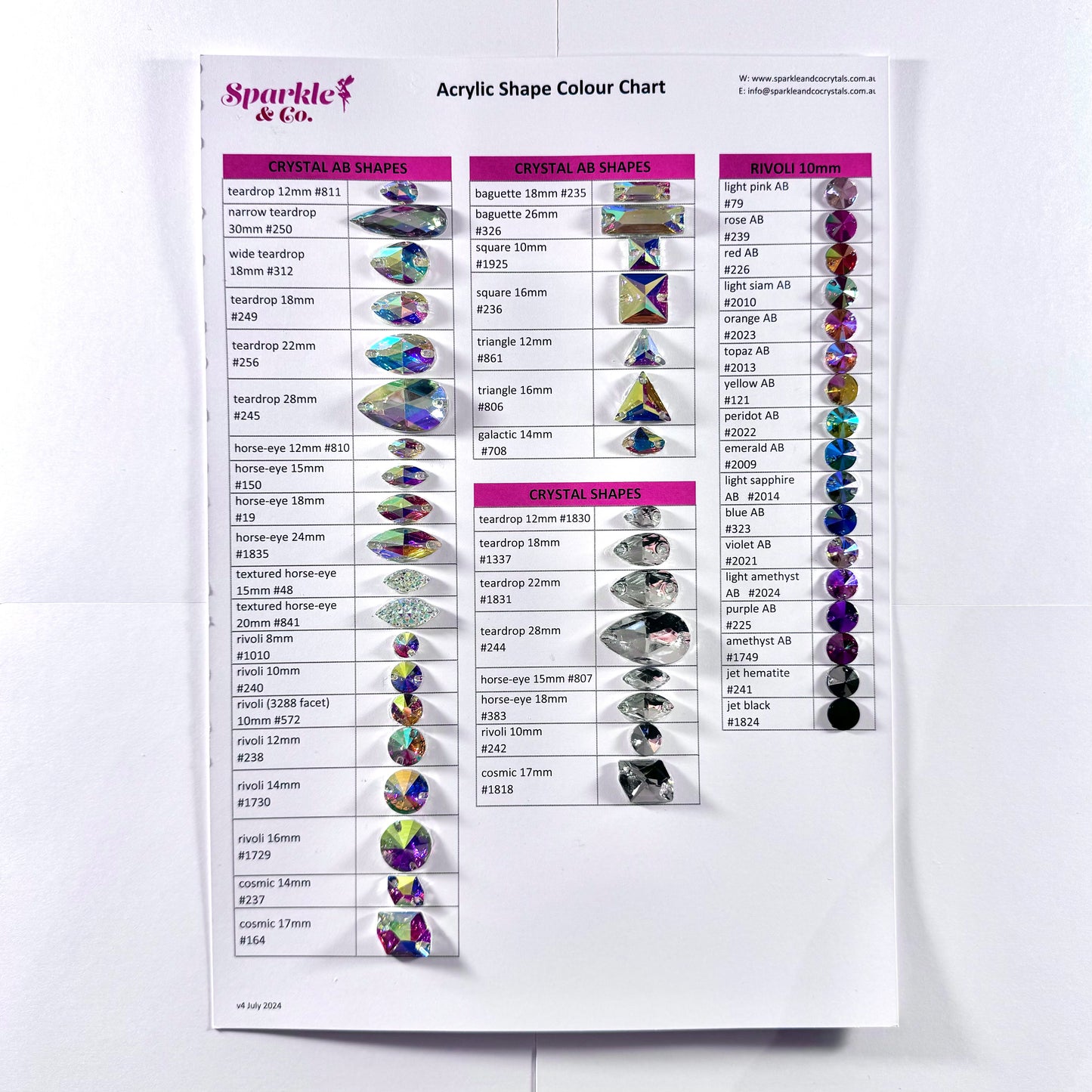 Acrylic Crystal Shapes Chart