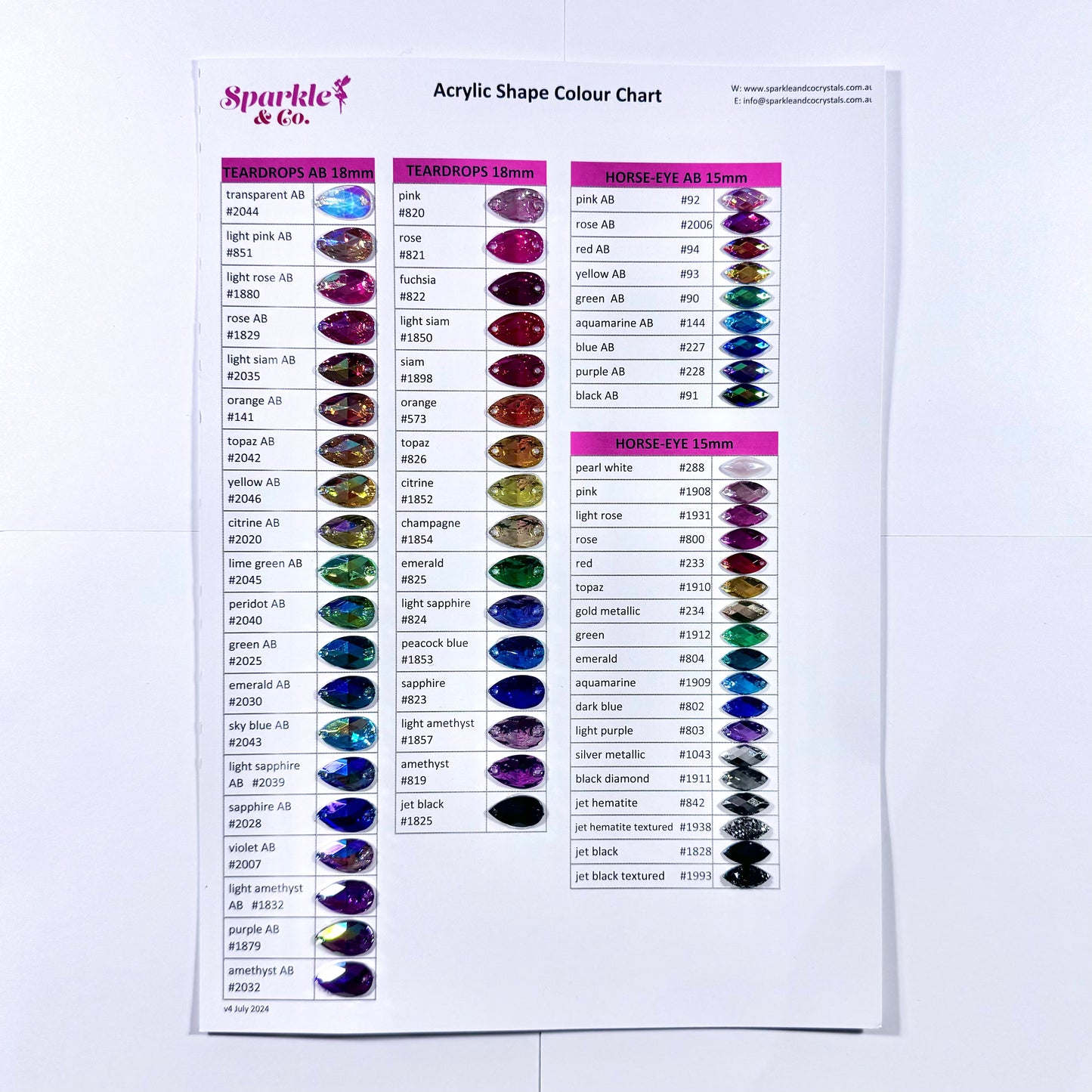 Acrylic Crystal Shapes Chart