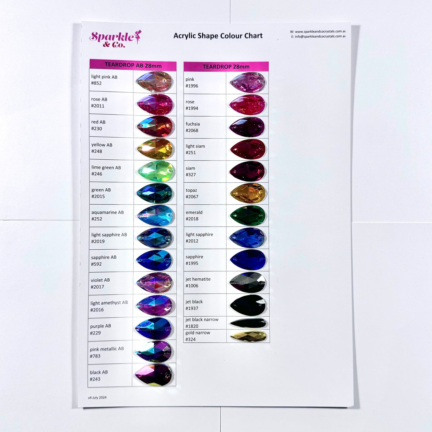 Acrylic Crystal Shapes Chart