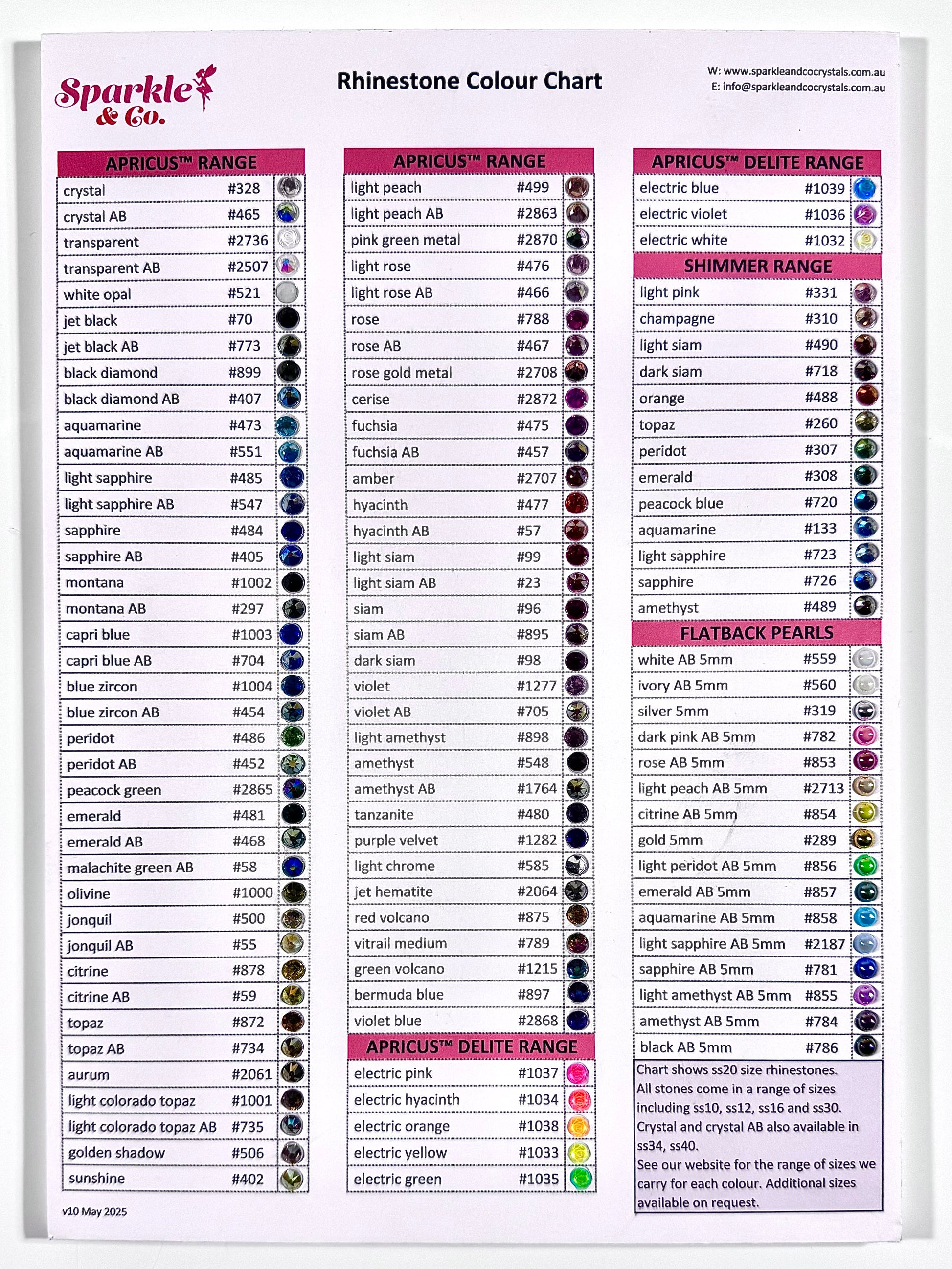 Rhinestone Colour Chart | Sparkle & Co. Crystals