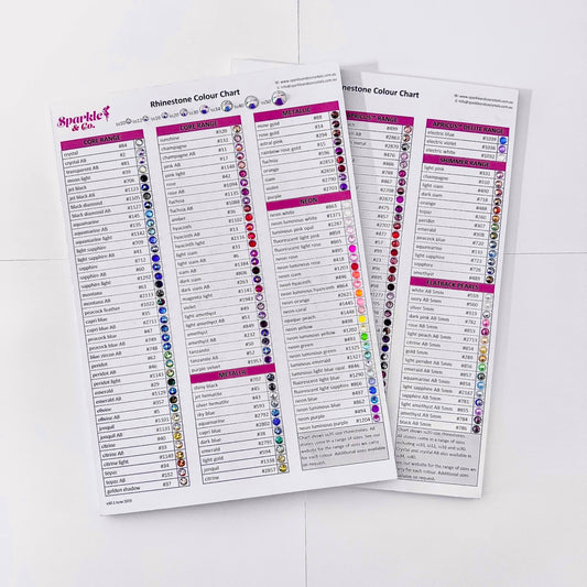 Two rhinestone color charts on a white background